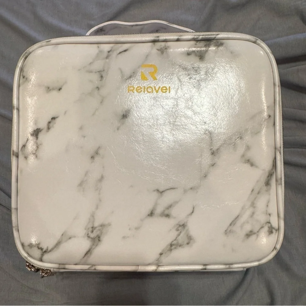 Relavel Marble Makeup Bag White Gray Zipper Handle Adjustable Compartment